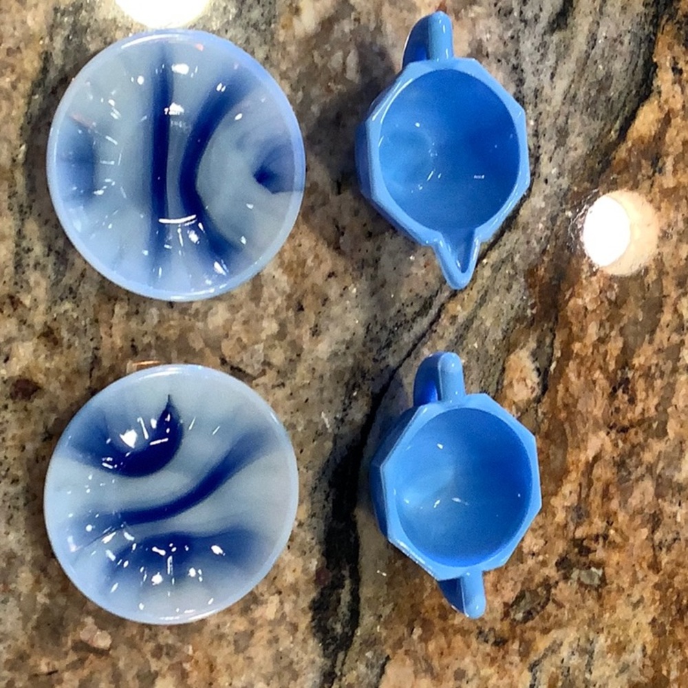 Child’s blue slag tea set perfect condition